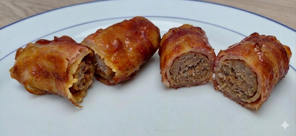 Shotgun-SHells sind gefüllte >Cannelloni mit Bacon-Ummantelung und Glasur.